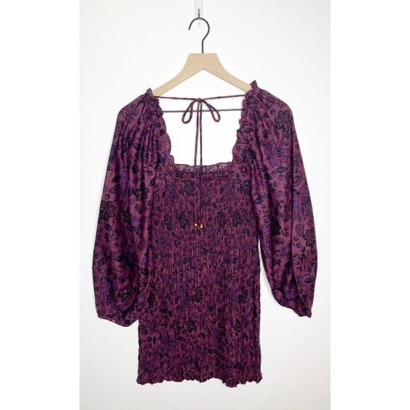 Free People Smock It To Me Mini Dress Puff Sleeve Plum Floral Size XS NEW - Picture 6 of 9